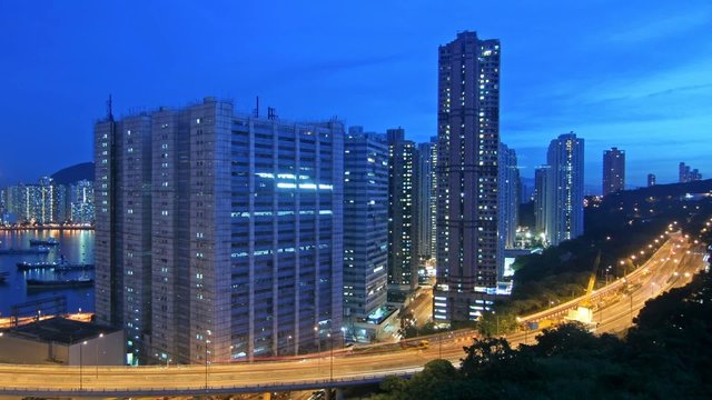 Close up on the buildings along Castle Peak Road of Hong Kong