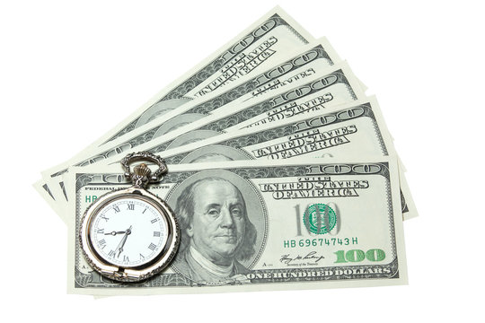 Time and money concept image - pocket watch and US currency