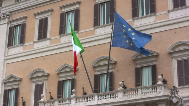 Italian and EU flags fluttering in Rome