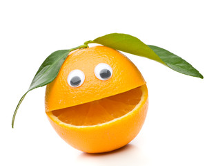 Lachende Orange mit 2 Blättern als Haare