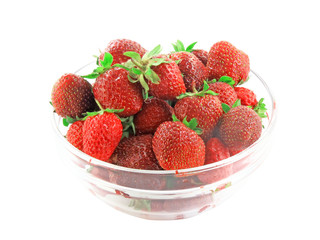 Bowl with fresh strawberries on white background. Isolated