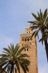 koutubia mosque minaret with palm trees in koutubia gardens marr