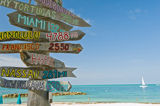 signpost on beach in key west florida