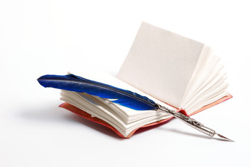 a blue writing feather on a diary on a white background