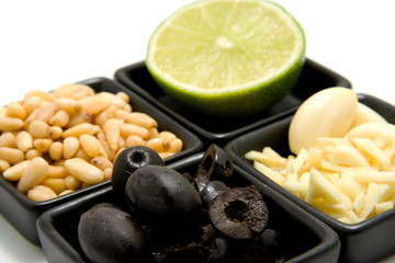 Little bowl with food ingredients isolated on white background