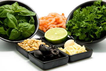 Bowl with food ingredients isolated on white background