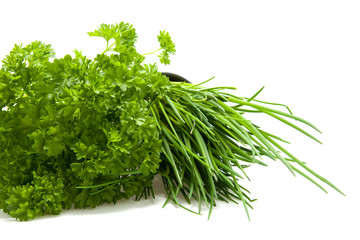 Parsley and chives isolated on white background