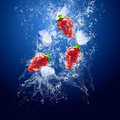 Water drops around strawberry and ice