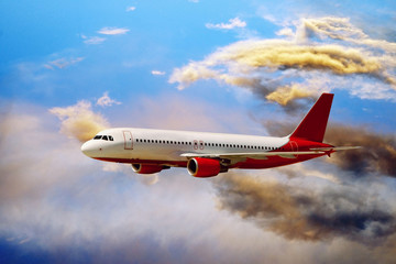 airplane in air on blue sky