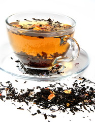 tea in a transparent mug on a white background