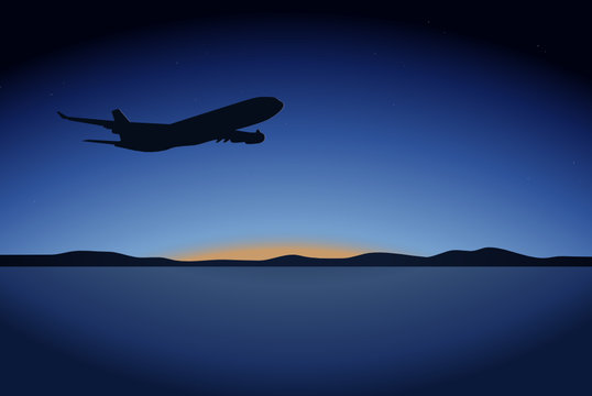 Vector night aircraft over the ocean