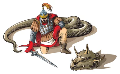 Crédence de cuisine en verre imprimé Chevaliers Le guerrier a vaincu le serpent géant, le folklore et la mythologie russes