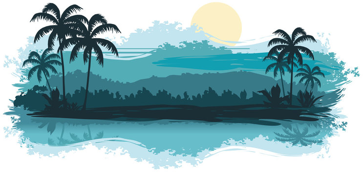 Tropical landscape in turquoise tones