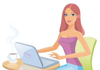 Girl with laptop and coffee cup