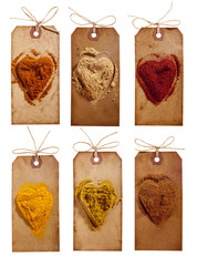 collection of indian powder spices on vintage tags isolated