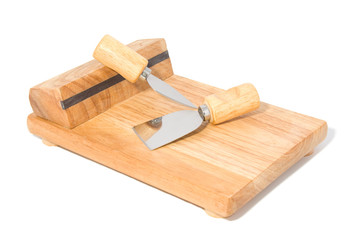 Wooden cheese board isolated on white background