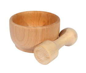 Wooden mortar on a white background