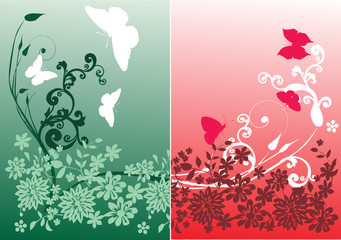 green and red illustration with butterflies