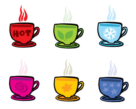 Six cups with different symbols on white the vector image