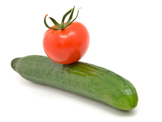 cucumber and red tomato isolated on white background.