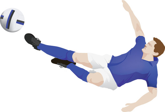 blue kit soccer player does flying kick