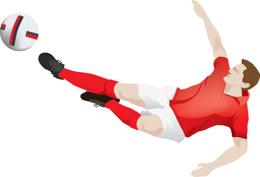 soccer player kicking football wearing red strip