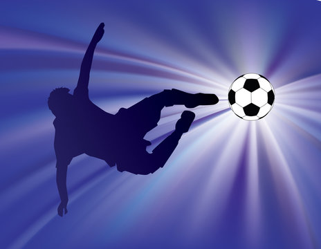 football player kicks soccer ball with flying kick