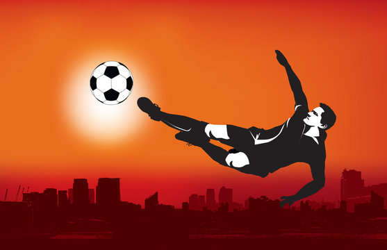 grunge style football illustration of flying kick above city