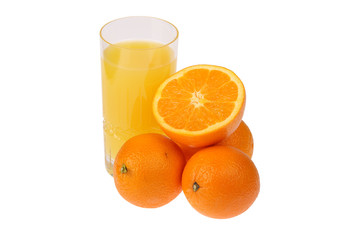 Orange juice in glass and fresh orange fruits isolated on white