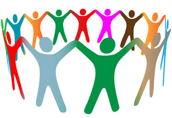 Blend of diverse symbol people of many colors hold hands up in r