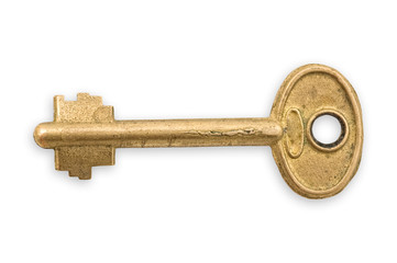 Old bronze key isolated.