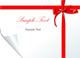 Vector illustration of a red bow on curled paper