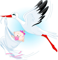 Stork delivering a newborn baby girl