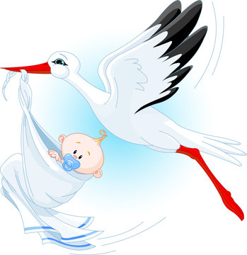 Stork delivering a newborn baby boy