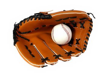 Brown baseball glove and white ball on a white background © Aptyp_koK