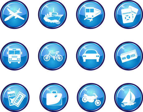 Twelve Glossy Vector Travel Icons.