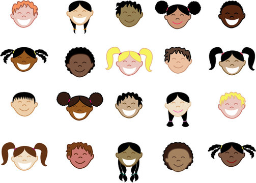 Twenty Different Kids Faces Many Races Ethnicities.