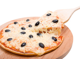 Pizza  with the cut off slice .Isolated