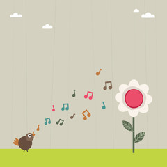 landscape background with bird singing to flower