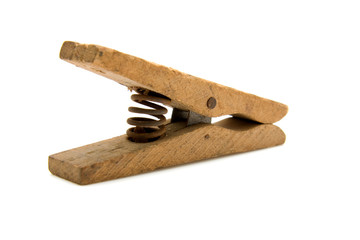 Big old wooden peg isolated on white background