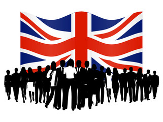 Illustration of people and flag