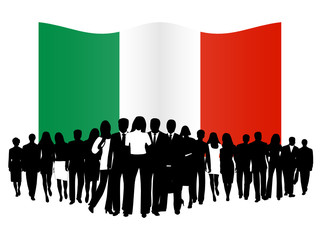 Illustration of people and flag