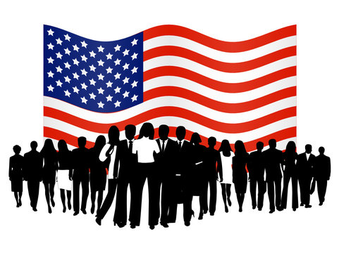 Illustration of people and flag