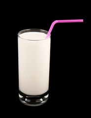 Glass of milk with pink straw on black