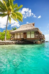 Papier Peint photo Bora Bora, Polynésie française Over water bungalow with steps into  lagoon