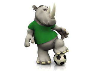 Cartoon rhino posing with soccer ball.