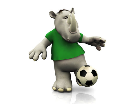 Cartoon rhino kicking soccer ball.