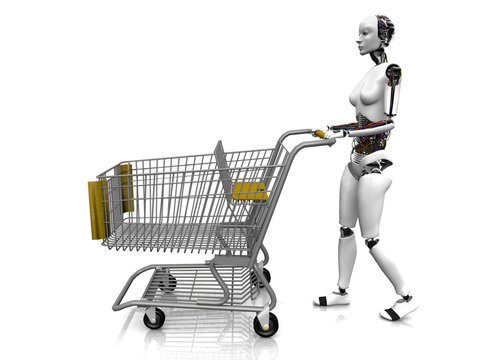 Female robot with shopping cart.