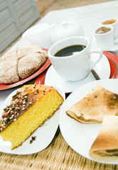 typical moroccan breakfast coffee honey jam bread crepes cake