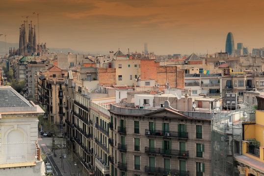 cityscape Barcelona seen from Casa mila by Gaudi spain